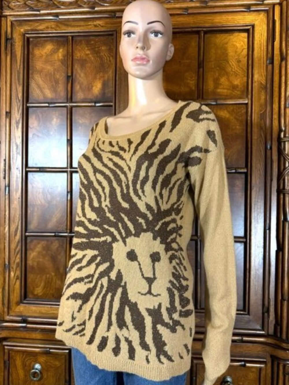 Vintage Anne Klein Brown Sugar Multi Lion Shimmer Mane Scoop Neck Sweater